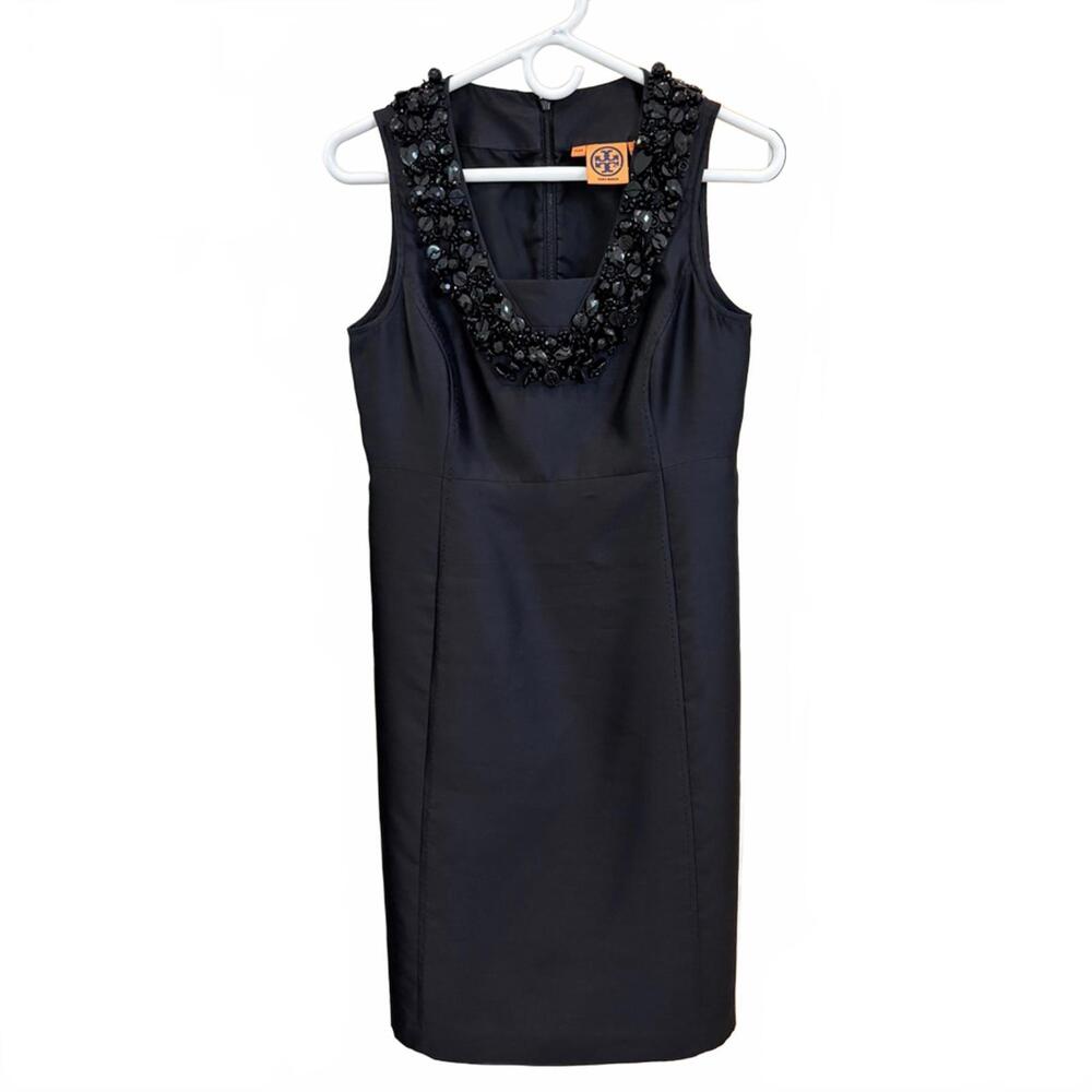 🖤 Tory Burch Black Silk Beaded‎ Neck Sheath Dress – Size 4